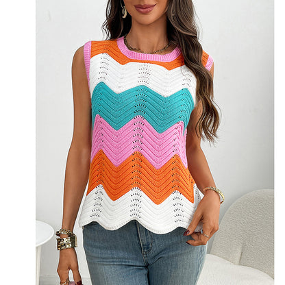 Womens Summer Rainbow Striped Sweater Vest Sleeveless Knit Crew Neck Color Block Going Out Cropped Tank Top