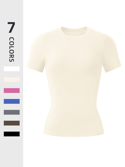 Seamless Women's Solid Color Round Neck Exercise T-shirt Spring And Autumn Leisure Short Sleeve Round Neck Tee Outdoor Running Sports Clothing All-Matching Casual Wear