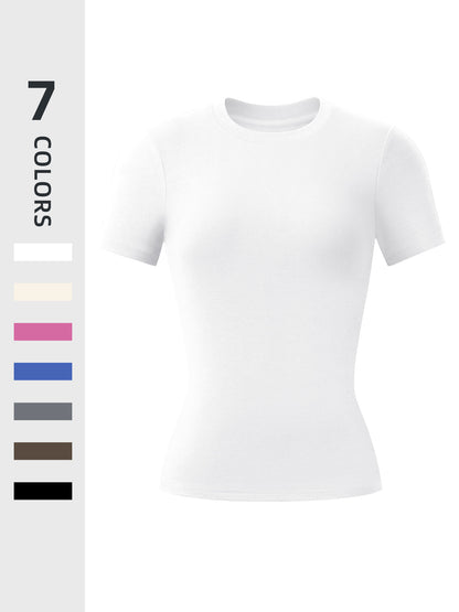 Seamless Women's Solid Color Round Neck Exercise T-shirt Spring And Autumn Leisure Short Sleeve Round Neck Tee Outdoor Running Sports Clothing All-Matching Casual Wear