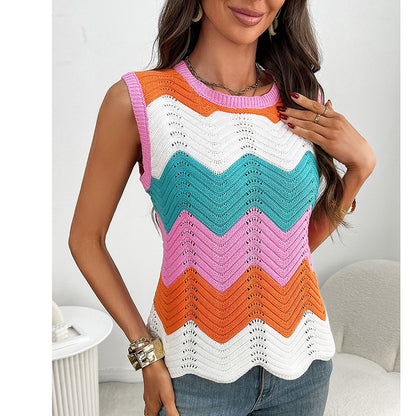 Womens Summer Rainbow Striped Sweater Vest Sleeveless Knit Crew Neck Color Block Going Out Cropped Tank Top