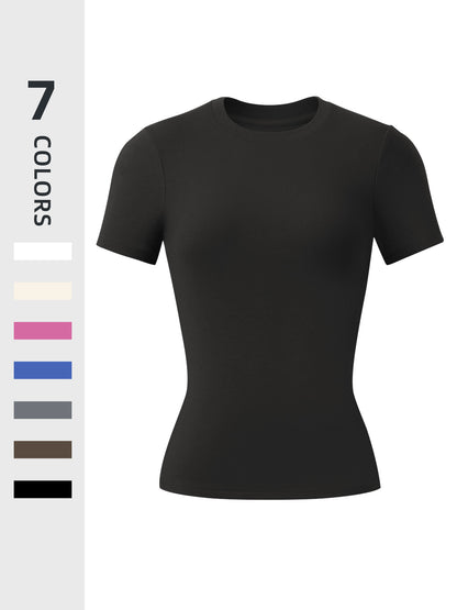 Seamless Women's Solid Color Round Neck Exercise T-shirt Spring And Autumn Leisure Short Sleeve Round Neck Tee Outdoor Running Sports Clothing All-Matching Casual Wear