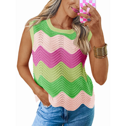 Womens Summer Rainbow Striped Sweater Vest Sleeveless Knit Crew Neck Color Block Going Out Cropped Tank Top