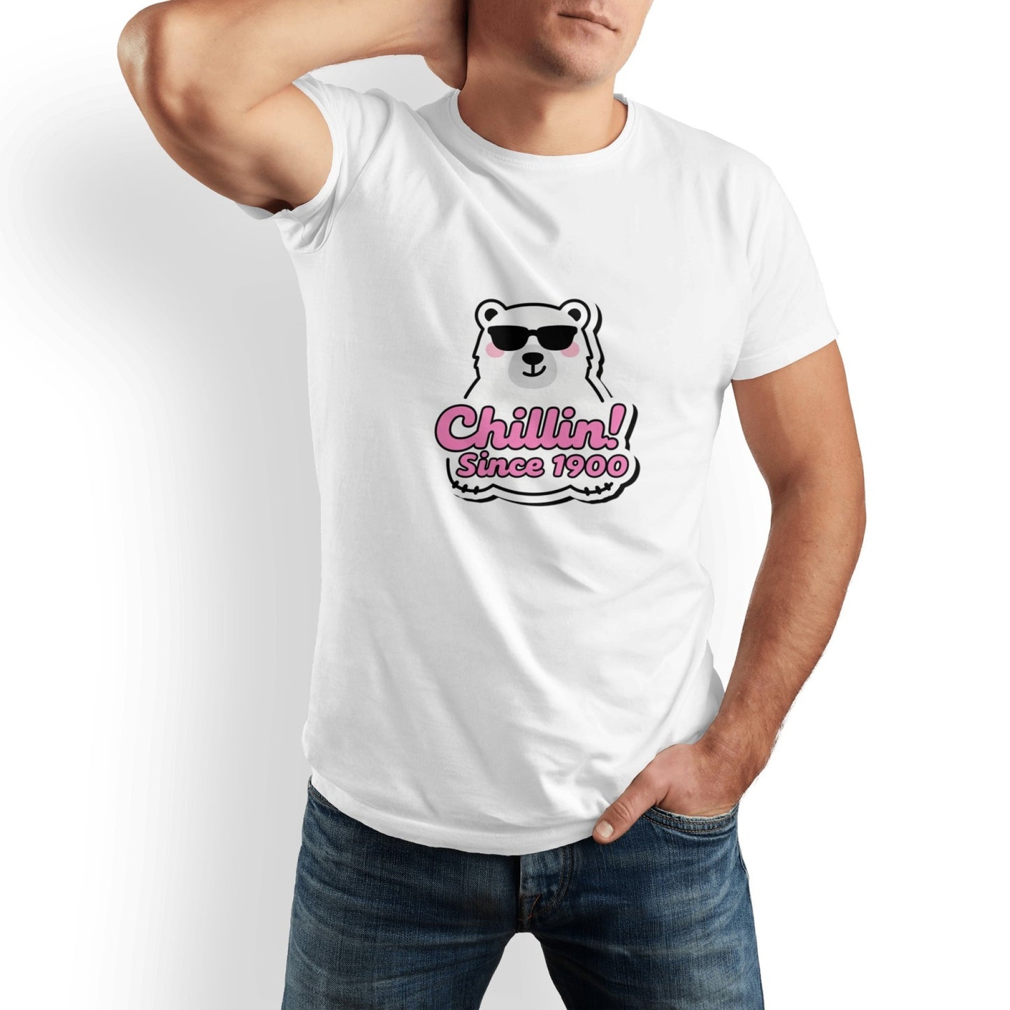 Cartoon Polar Bear Men's Pure Cotton T-shirt - Casual Round Neck, Slightly Elastic, Suitable For Four Seasons Knitted Fabric, Classic Fit Adult Shirt, Couple's Shirt